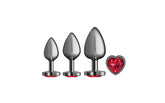 Cheeky Charms Round Metal Butt Plug Gunmetal 3 Piece Kit With Dark Red Heart Jewel Butt Plugs